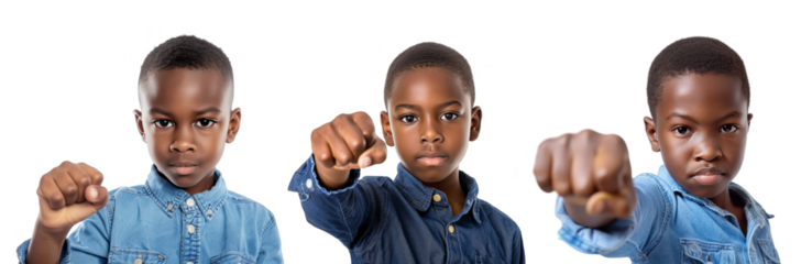 Portrait Collection of young black boy in blue shirt with fist bum pose isolated on a white background as transparent PNG
