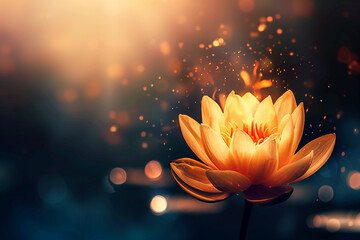 Opened lotus with golden petals, on a dark background with bokeh, free space for text, Vesak day - obrazy, fototapety, plakaty