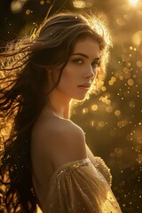 Eine göttliche, schöne Frau mit langen Haaren im goldenen Sonnenlicht - obrazy, fototapety, plakaty