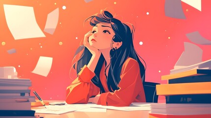 Illustration of a person working hard in front of the computer. Depict a full of tasks environment.