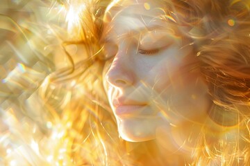 Eine göttliche, schöne Frau mit langen Haaren und geschlossenen Augen im goldenen Sonnenlicht - obrazy, fototapety, plakaty