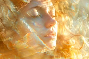 Eine göttliche, schöne Frau mit langen Haaren und geschlossenen Augen im goldenen Sonnenlicht - obrazy, fototapety, plakaty