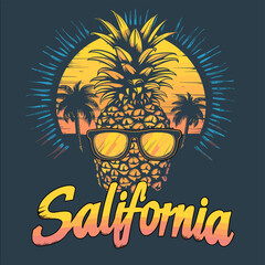T-shirt print design with pineapple and sunglasses. Vector illustration.