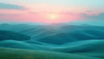 Muurstickers A serene landscape of gentle rolling hills under a pastel sunset, with a texture reminiscent of soft fabric folds © Allan