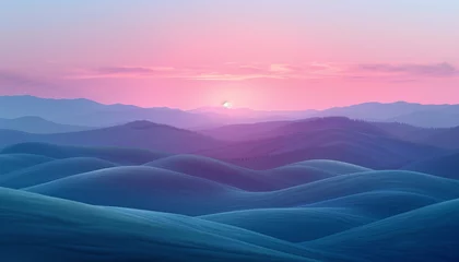 Zelfklevend Fotobehang A serene landscape of gentle rolling hills under a pastel sunset, with a texture reminiscent of soft fabric folds © Allan