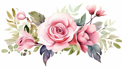 Watercolor flower bouquets clipart illustration and rose floral branch with green leaves for greeting card or wedding invitation card on white background - obrazy, fototapety, plakaty