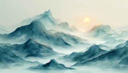 minimalistic abstract landscape that subtly suggests mountains and valleys using only geometric shapes and lines. 