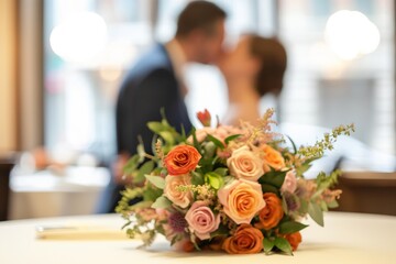 Close-up of the bouquet with a blurry couple kissing, couple kissing and bouquet in the front, couple background, couple kissing background, wedding background, marriage background, kissing couple  