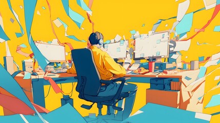 Illustration of a person working hard in front of the computer. Depict a full of tasks environment.