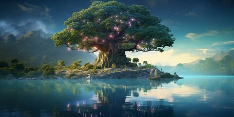 Fantasy landscape with big tree on the lake. 3d illustration