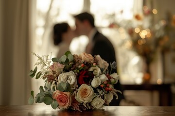 Close-up of the bouquet with a blurry couple kissing, couple kissing and bouquet in the front, couple background, couple kissing background, wedding background, marriage background, kissing couple  