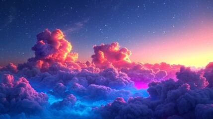 Colorful clouds in night sky with glowing stars - obrazy, fototapety, plakaty