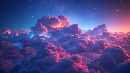 Colorful clouds in night sky with glowing stars - obrazy, fototapety, plakaty