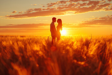 A couple is standing in a field of wheat at sunset. The sun is low in the sky, and the couple is silhouetted. The field is golden with the sunlight - obrazy, fototapety, plakaty