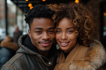 A man and woman pose for a picture together - obrazy, fototapety, plakaty