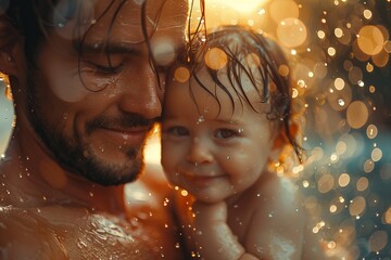 
Father and child in glowing bokeh, warm glow. close-up of a tender moment of mutual admiration and love.
Concept: fatherhood and family values, parental care, products for children and family service - obrazy, fototapety, plakaty