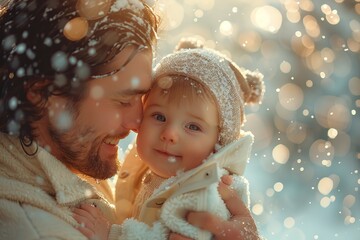 
Father and child in glowing bokeh, warm glow. close-up of a tender moment of mutual admiration and love.
Concept: fatherhood and family values, parental care, products for children and family service - obrazy, fototapety, plakaty