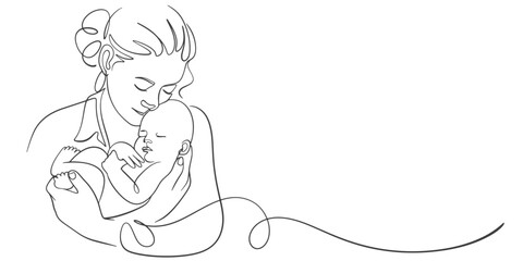 Mother and baby line art. Mom hugs child. Motherhood and newborn concept. Happy mother line vector illustration. Parent loving kid, happy mother day design for card