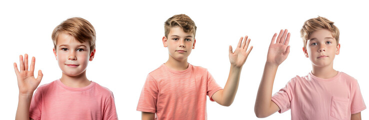 Portrait Collection of young white boy in pink shirt with wave hand pose isolated on a white background as transparent PNG
