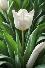 Pure Delight: A pristine white tulip emerges from a bed of lush green leaves, embodying the delicate tenderness and refreshing beauty of spring. generative AI