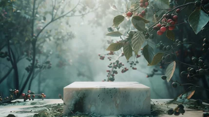 Poster White stone podium in the forest, ethereal foliage, pictorial space, coffee branches, and coffee cherries on both sides, dark green and beige. Generated by artificial intelligence. © Ailee Tian