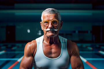 Fit grandfather with muscle poses looking at camera.