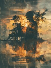 Silhouette of a person overlaid on a cabin sunset - An artistic portrayal featuring a human silhouette blended with a rustic cabin scene at sunset, creating a dreamy ambiance