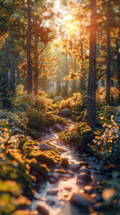 Sunlit forest stream with vibrant foliage - A sunbeam illuminates a small forest stream surrounded by vibrant autumn foliage, creating an enchanting scene