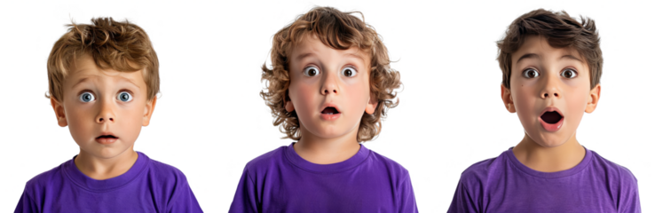 Portrait Collection of young boy with purple shirt with a surprise face isolated on a white background as transparent PNG
