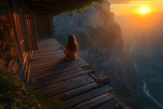 A Person Sitting On A Wooden Platform Overlooking A Cliff