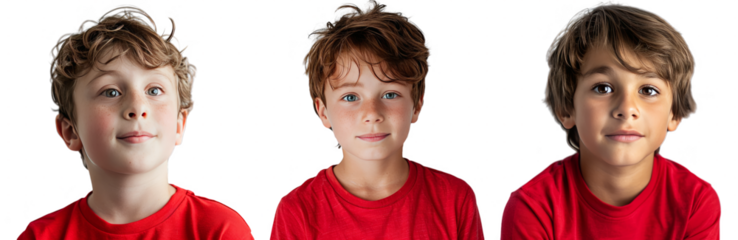 Portrait Collection of young boy with red shirt with a playful face isolated on a white background as transparent PNG
