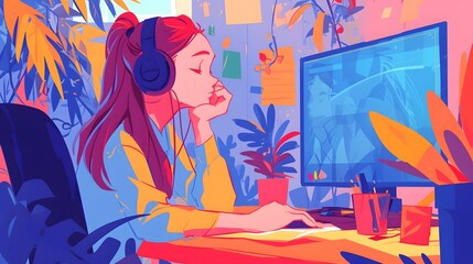 Illustration of a person working hard in front of the computer. Depict a full of tasks environment.