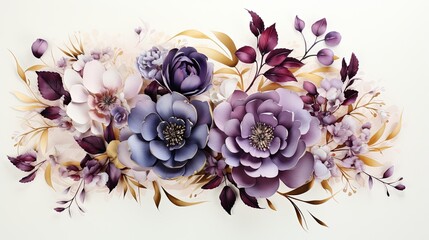 Watercolor purple rose flower clipart illustration gold leaves for wedding invitation card on white background, 3d render