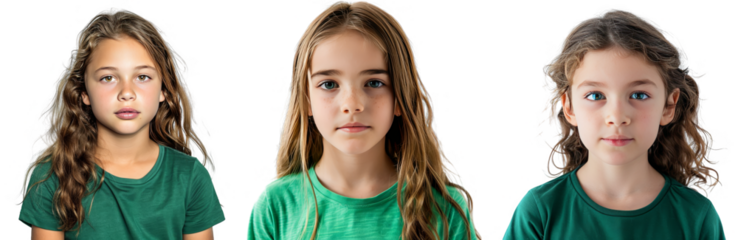 Portrait Collection of young girl with green shirt with a curious face isolated on a white background as transparent PNG
