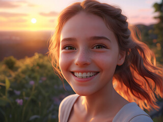 Sunset Bliss: A girl basks in the warm glow of a sunset, her smile radiating pure joy and serenity. generative AI