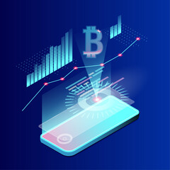 Bitcoin and other cryptocurrency on 3D mobile phone. E-wallet with bitcoins for stock market trading, payment, transaction, mining. Stock market and cryptocurrency trading platforms via smartphone.
