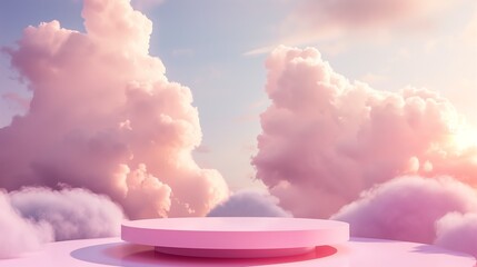 Background with pink podium. The sky platform with pastel clouds. Generated by artificial intelligence.