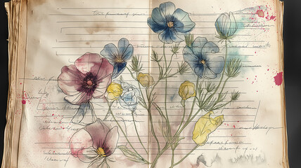 a Shabby Chic floral with scribbles on vintage paper for printed pages, in a Scrapbook-themed, Horizontal format in JPG, realistic Illustration. Generative ai