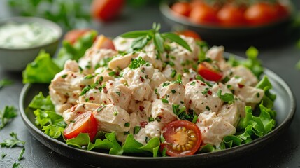 Fototapeta na wymiar Plate of Chicken Salad With Tomatoes and Lettuce