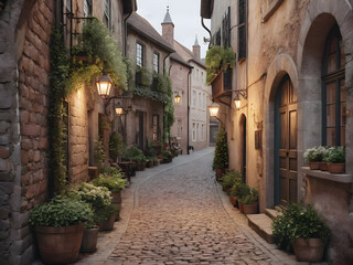 A Timeless Walkway: Step back in time with this charming alley in a historic town, brimming with architectural details and a cozy atmosphere. generative AI