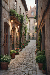 Fototapeta premium A Timeless Walkway: Step back in time with this charming alley in a historic town, brimming with architectural details and a cozy atmosphere. generative AI