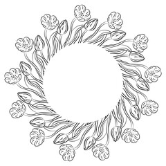 Luxury botanical wedding frame elements. Round shape, spring flowers, branches of leaves. Elegant foliage design for wedding, cards, invitations, congratulations