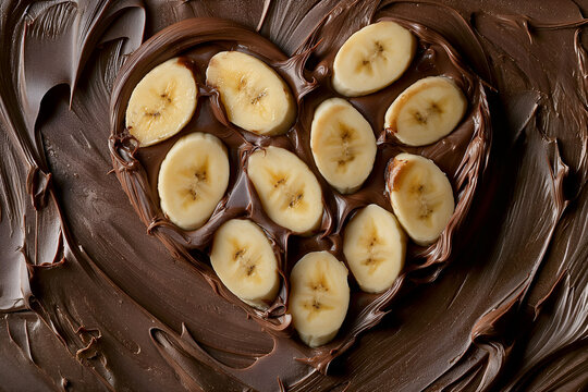 Delicious Melted Chocolate And Sliced Banana Pieces In A Love Heart Shape Top View, Desert Food Photography, Food Menu Style Photo Image