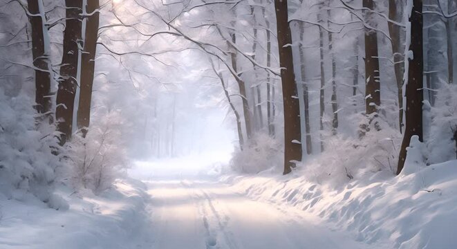 Beautiful forest road in the snow with heavy snowfallBeautiful forest road in the snow with heavy snowfall