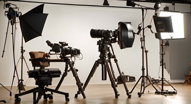 Behind the scenes of video shooting production crew team and professional camera equipment in studio