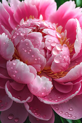 Morning Dew Delight: A vibrant pink peony, adorned with glistening dewdrops, radiates a burst of freshness and youthful vitality. generative AI