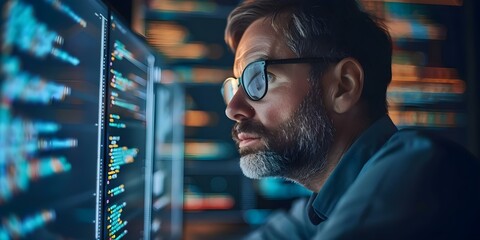 Analyzing Code on a Computer Screen: A Cybersecurity Professional's Perspective. Concept Cybersecurity, Code Analysis, Computer Screen, Professional Perspective - obrazy, fototapety, plakaty