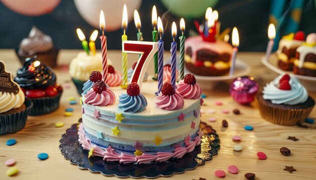 a beautiful birthday cake on the table with the big-sized number "7" written on top of the cake and burning candles around it with birthday decorations in the background slightly blurred.
