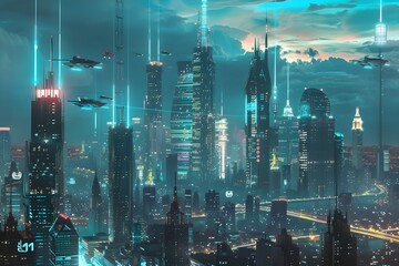 Fototapeta premium Futuristic New York City Skyline Glowing with Advanced Technology and Hover Vehicles