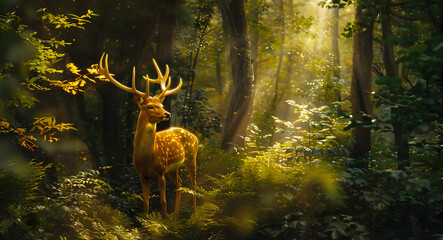 Celestial Golden Deer Radiates Light in a Lush Green Forest
